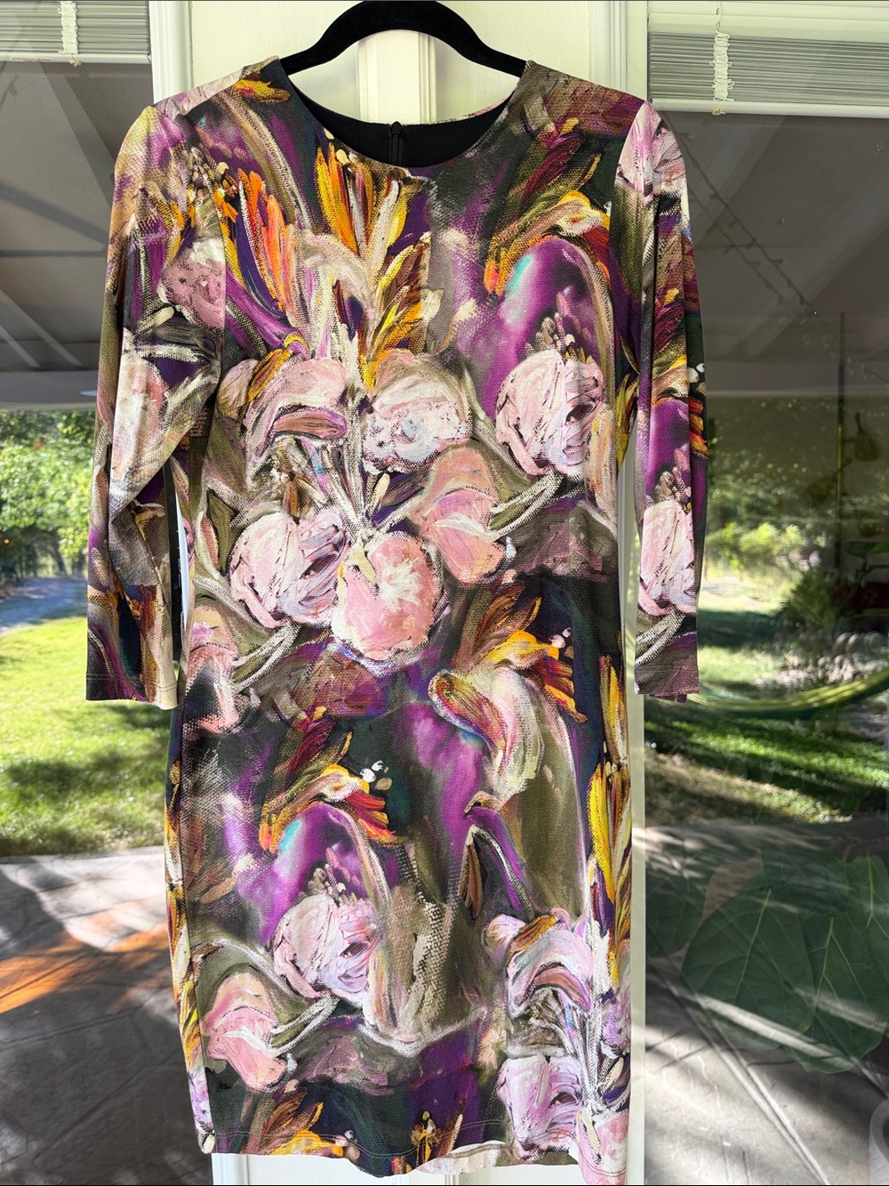 Karen Kane Purple Floral Brushstroke Painting cocktail dress